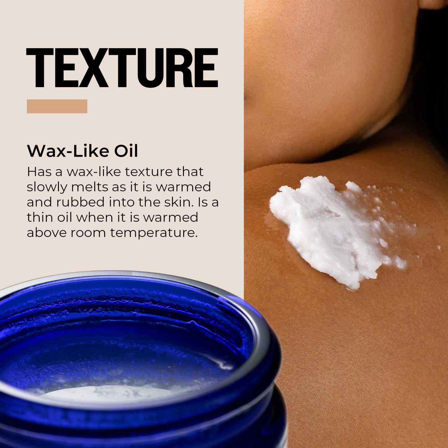 Wax-like oil on skin with text describing its texture