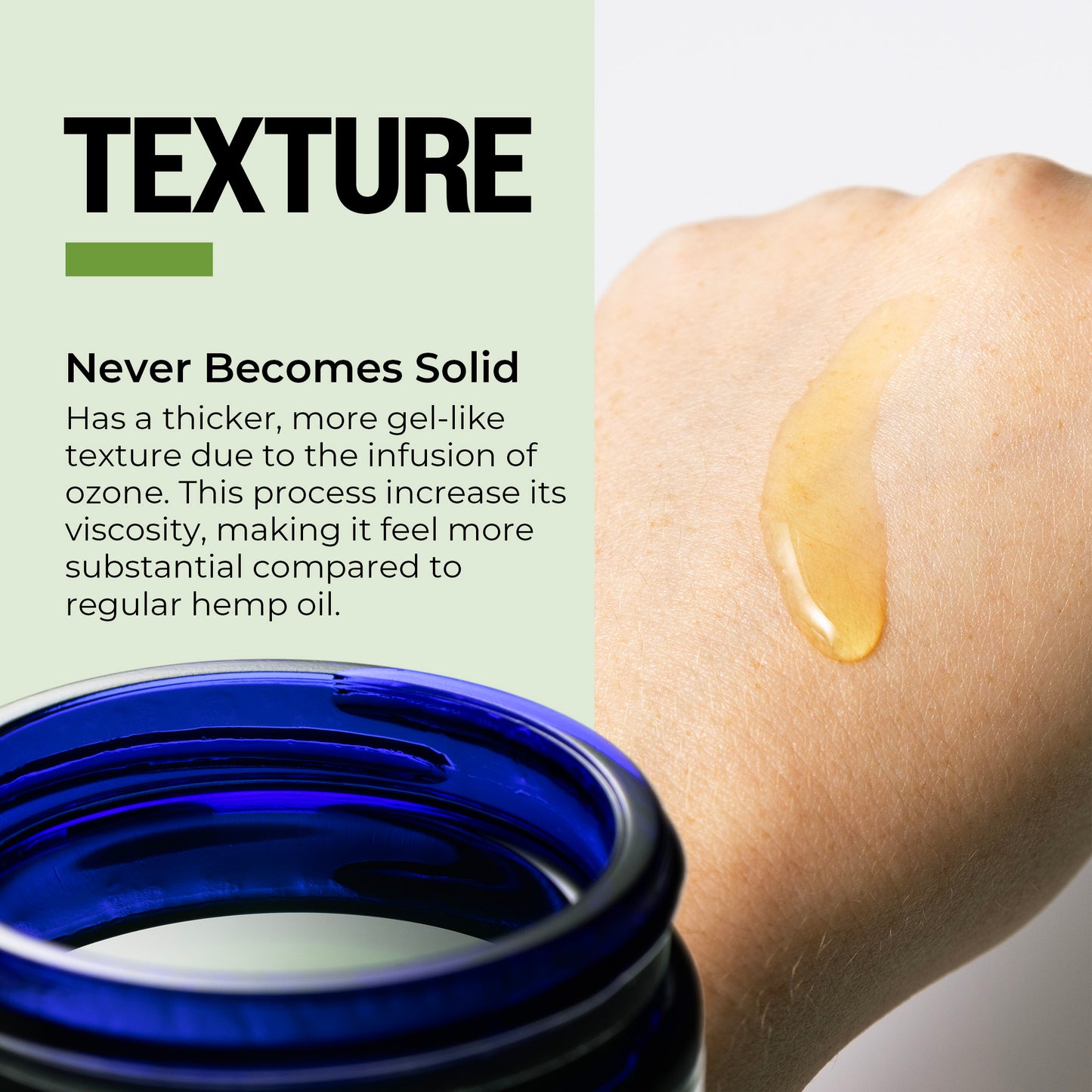 Blue jar of hemp oil with a droplet on skin and text about texture