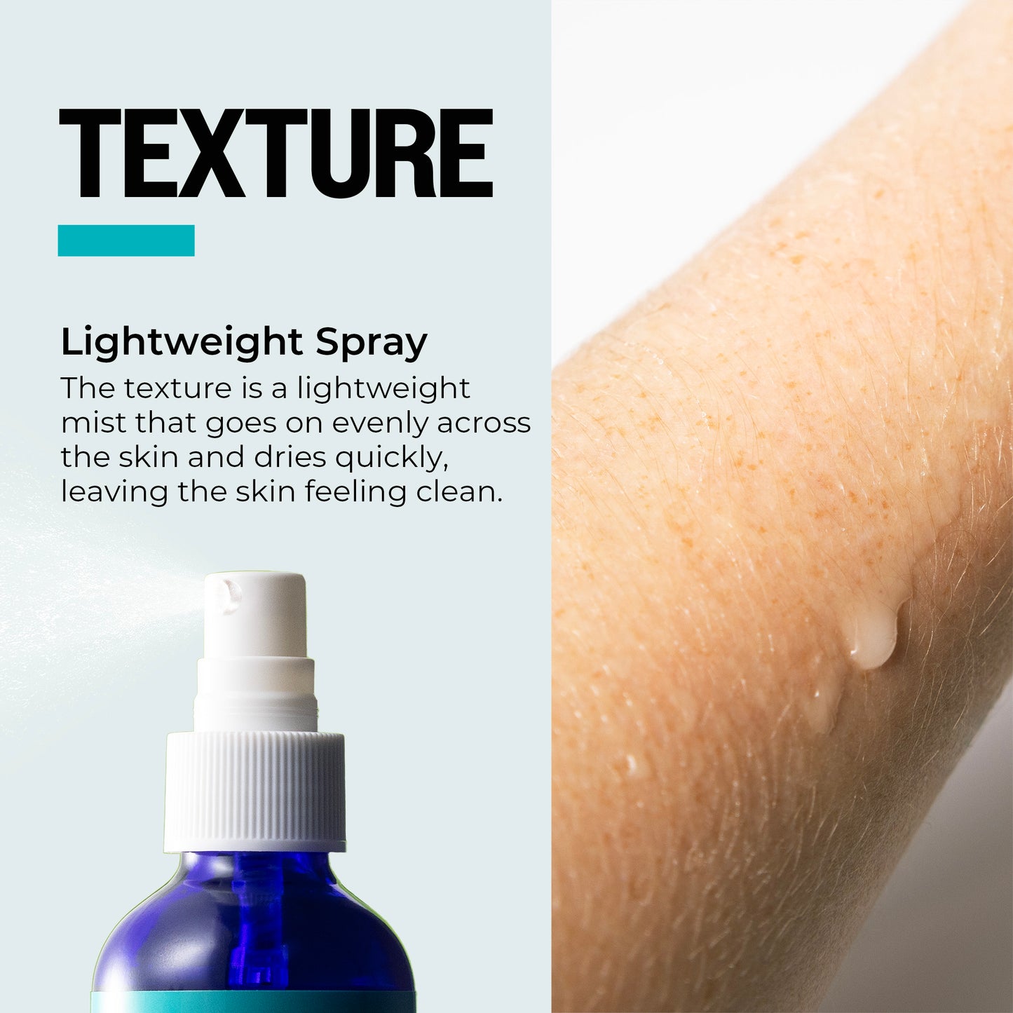 Blue spray bottle with text about lightweight mist texture on skin