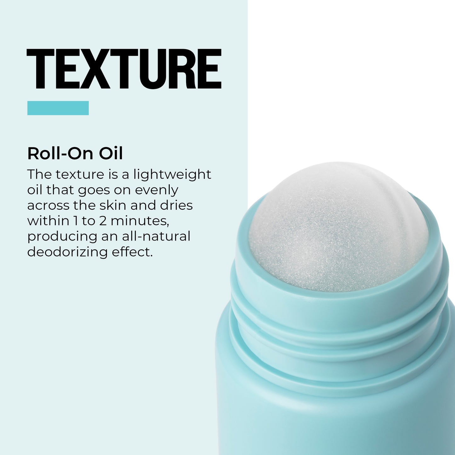 Roll-on oil with text describing its texture and benefits