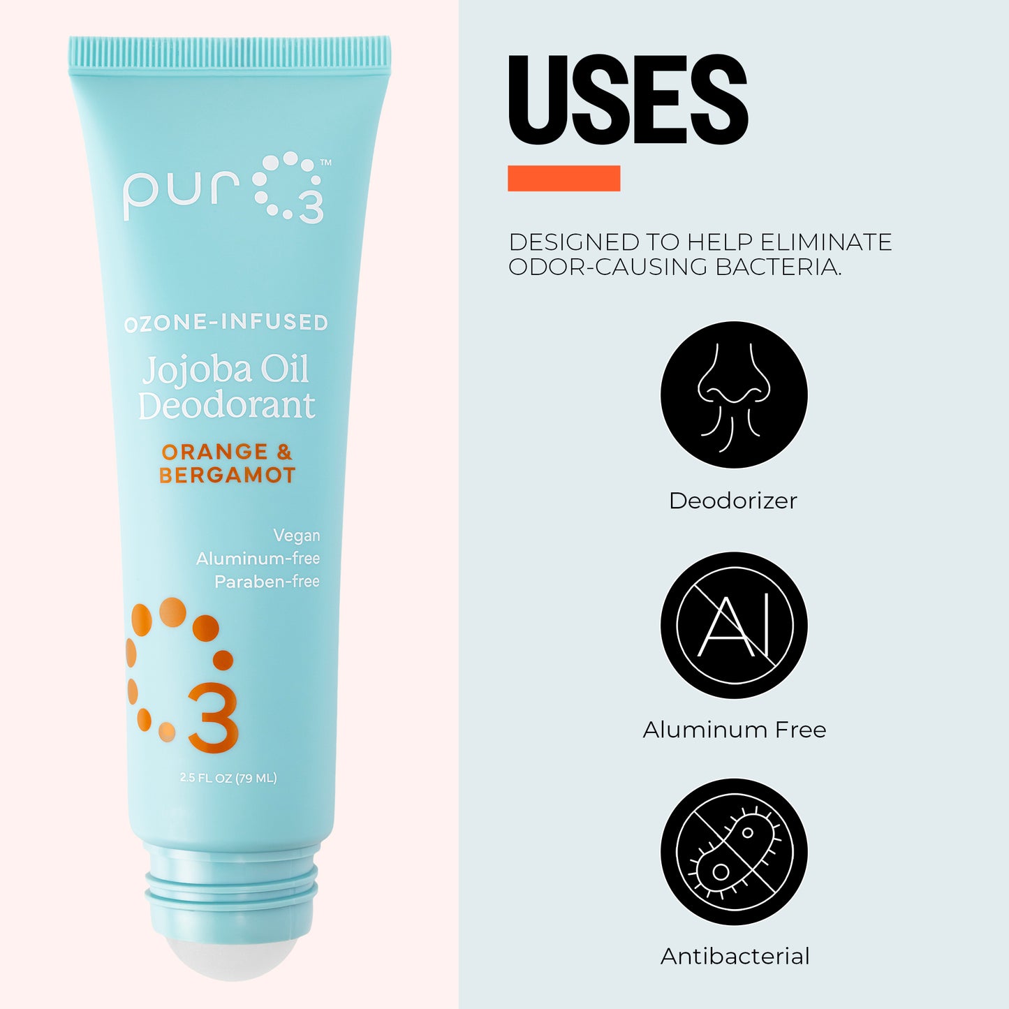 Pur 3 deodorant tube with features listed on a light blue background