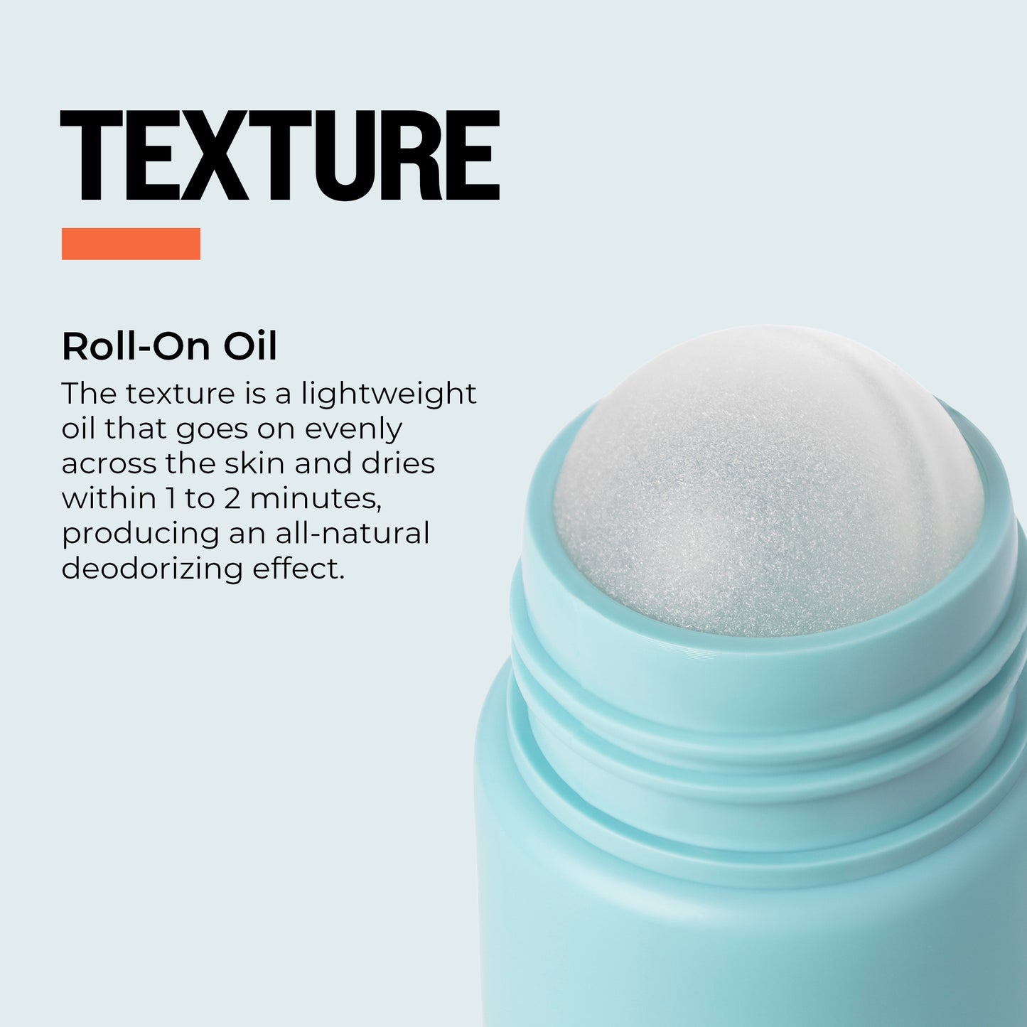 Roll-on oil with a textured cap on a light gray background, featuring text about its texture and effects.
