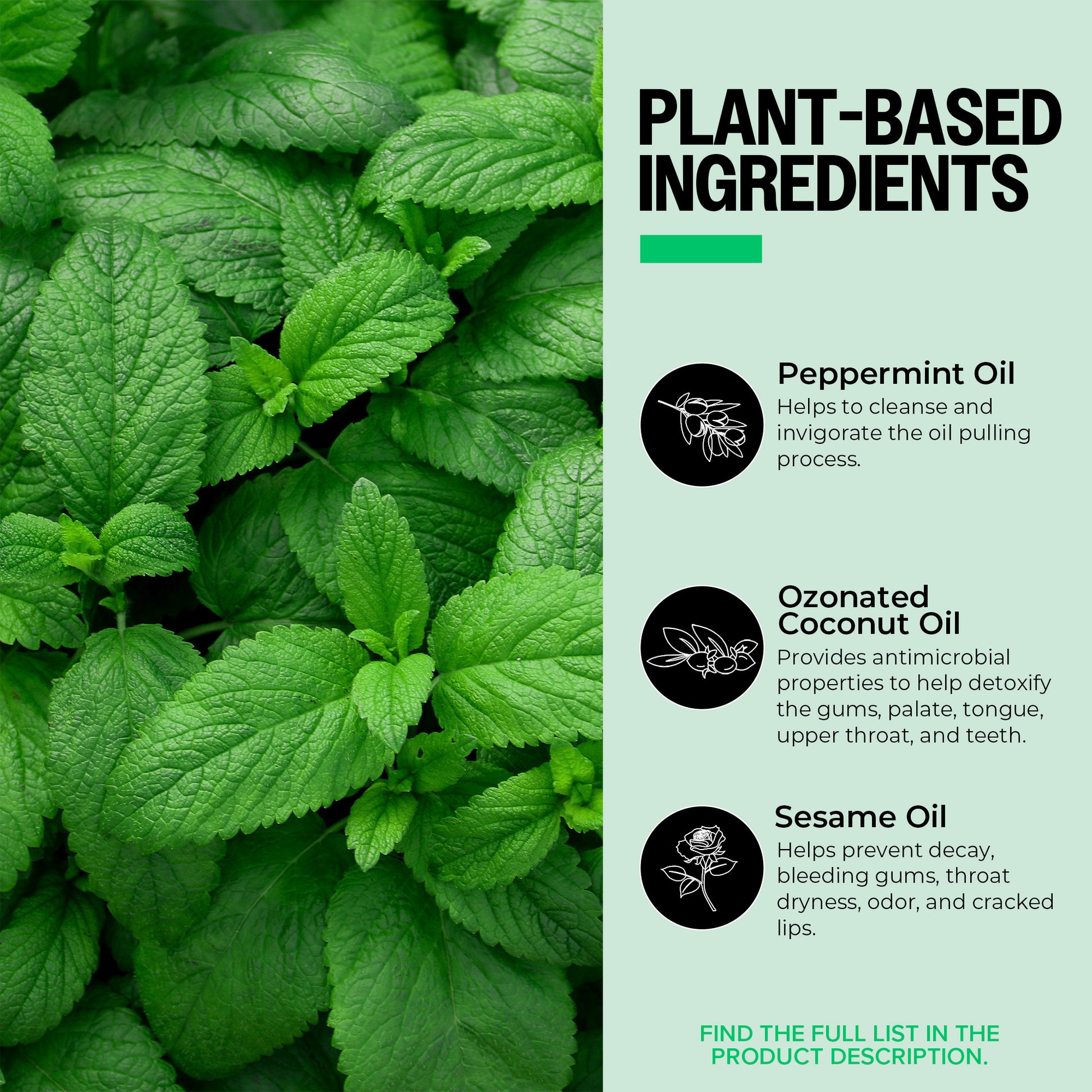 Green peppermint leaves with plant-based ingredients list on the right
