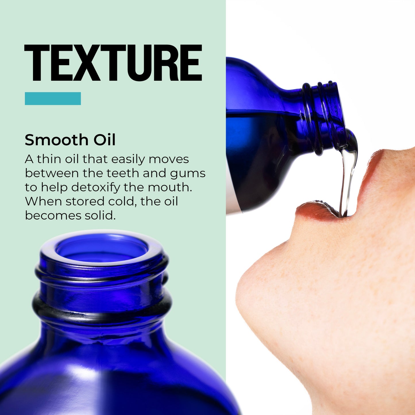 Blue bottle of smooth oil being poured into a mouth with text on texture and benefits.