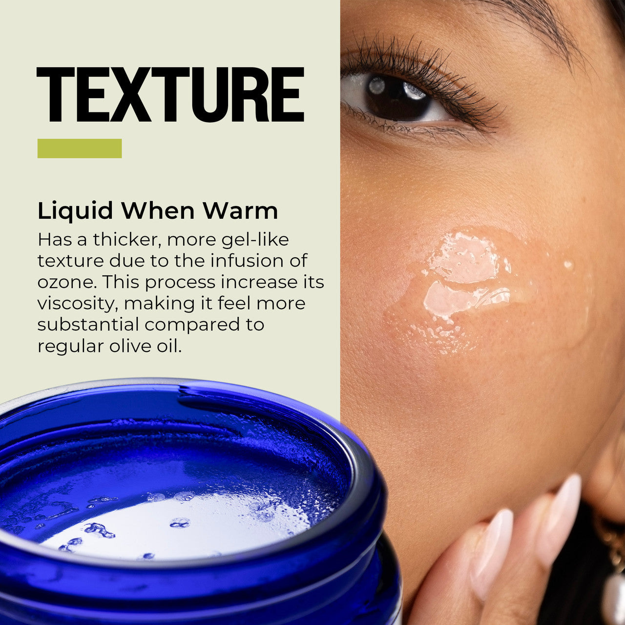 Blue jar of skincare product with a close-up of a woman's face showing the texture on her skin.