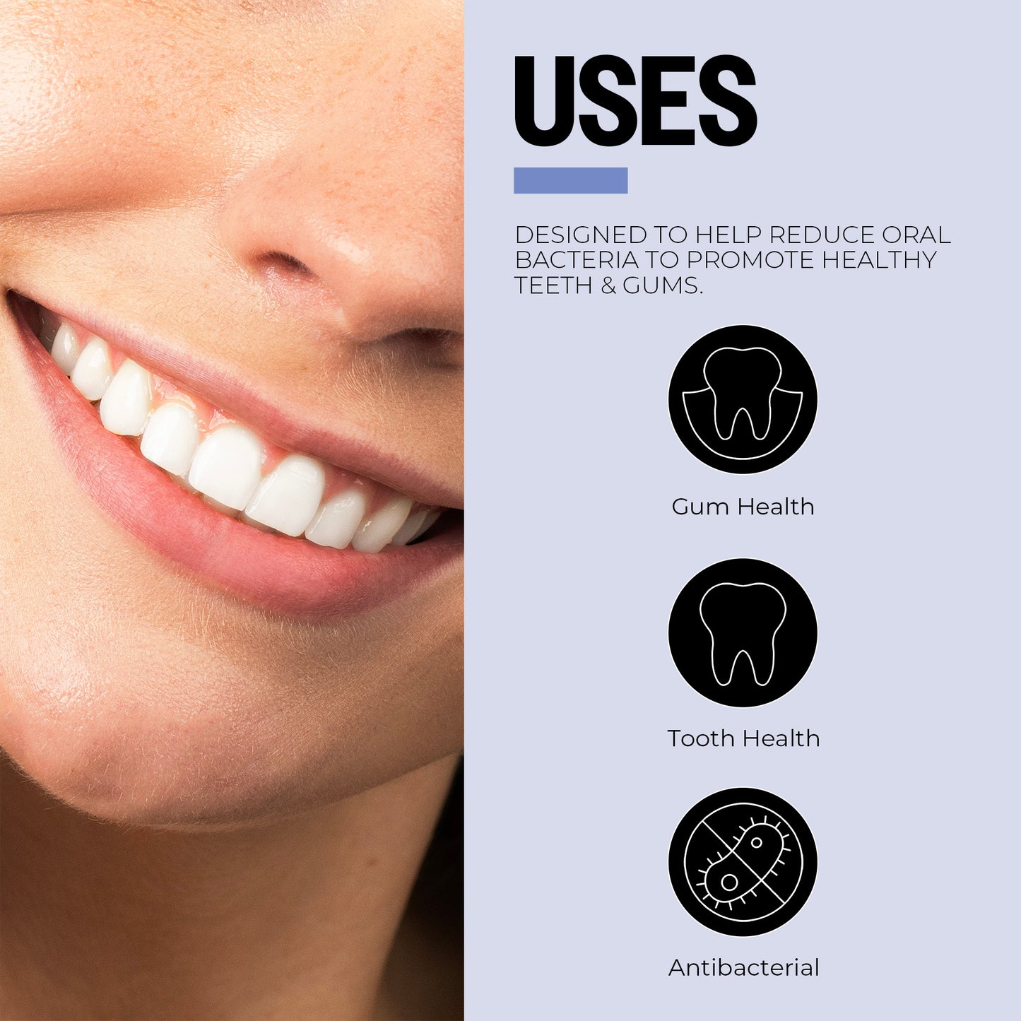 Close-up of a smiling mouth with teeth and a diagram explaining uses for dental health.