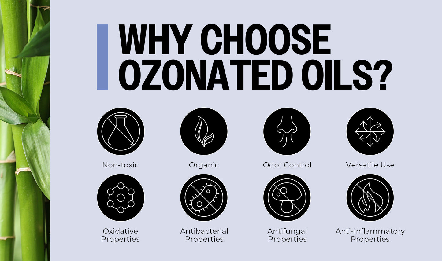 Infographic on the benefits of using ozonated oils with icons and text.