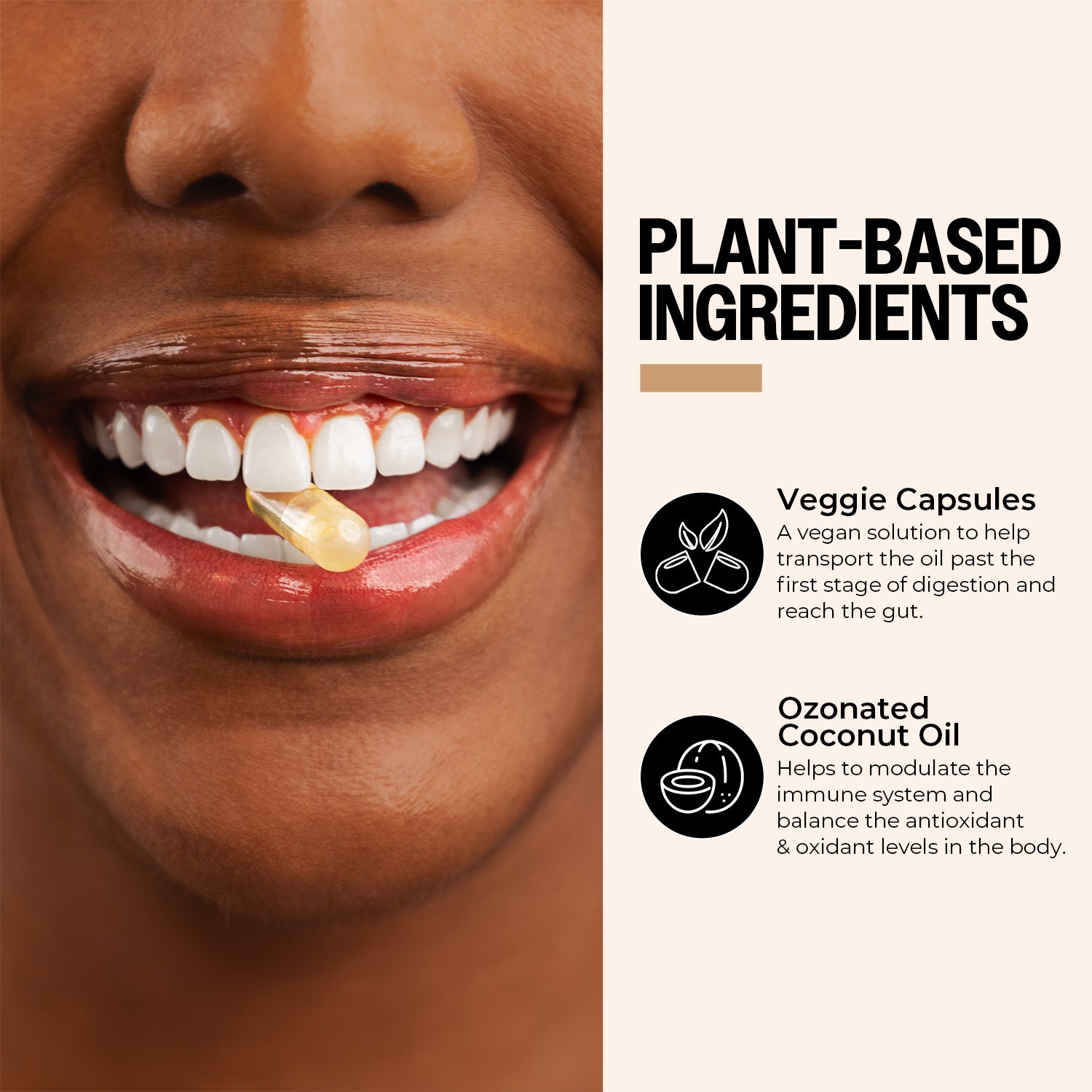 Person taking a veggie capsule with plant-based ingredients text on the side