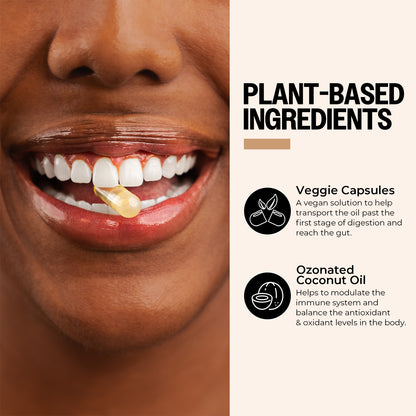 Person taking a veggie capsule with plant-based ingredients text on the side